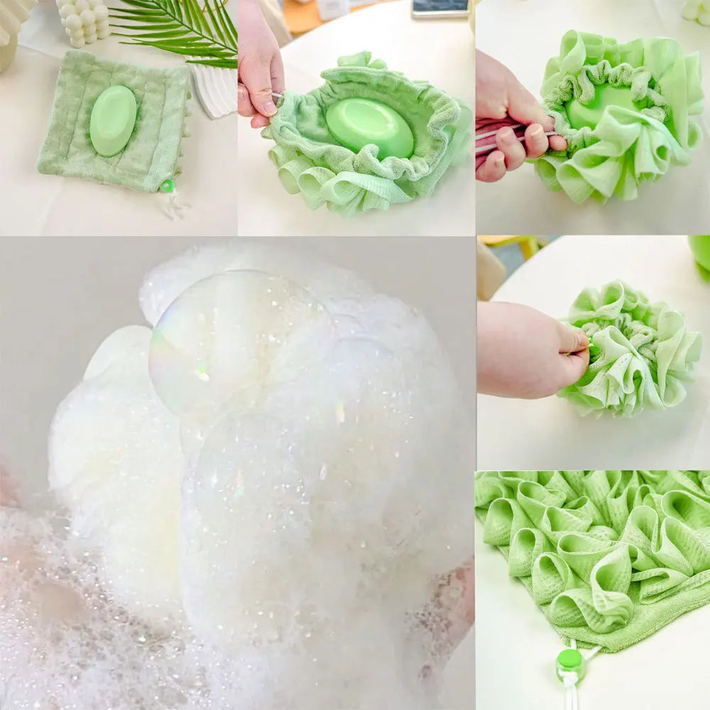 2-in-1 Loofah Bath Ball Towel with Drawstring